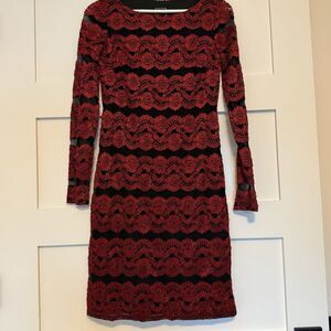 Stunning JH Evenings Crimson Embroidered Black Lace Long Sleeve Midi Dress